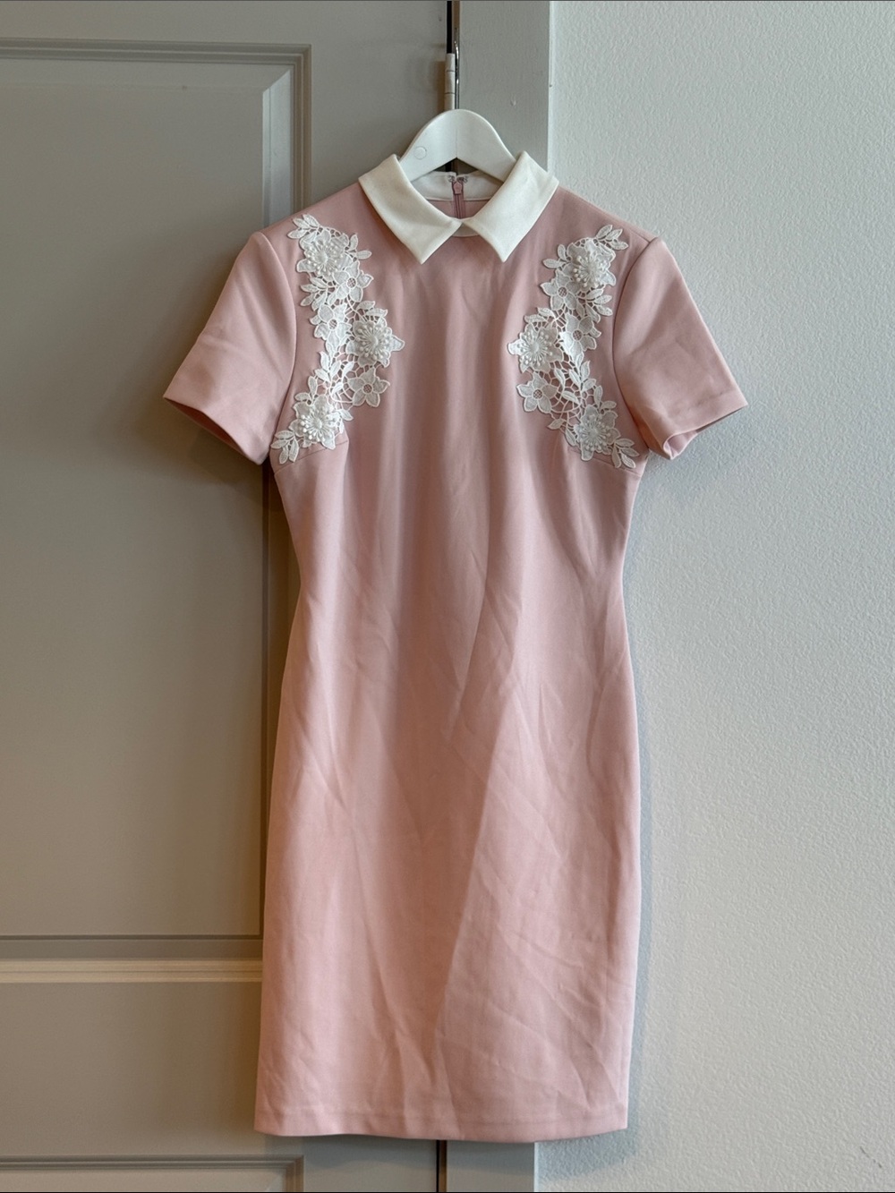 Short Pink Dress with White Collar and Lace Appliqué - Size 2 - Blush/Ivory NWT